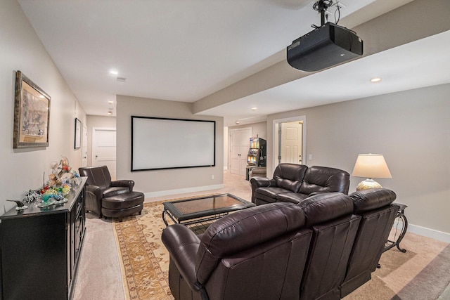 cinema featuring recessed lighting and baseboards