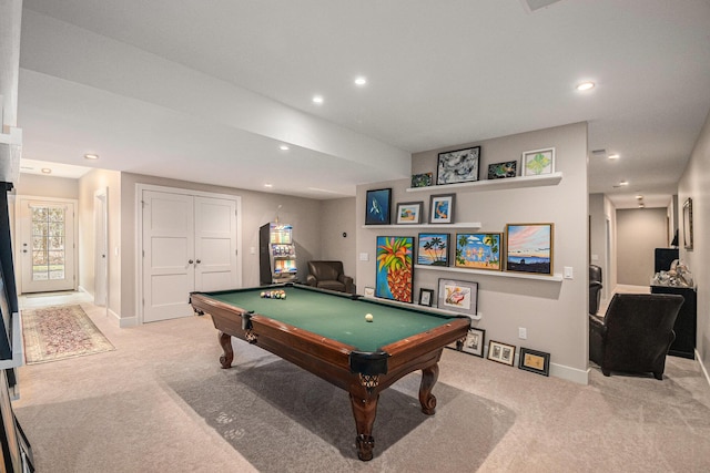 playroom featuring carpet floors, recessed lighting, and baseboards