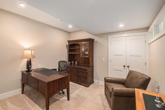 office area featuring light carpet, baseboards, and recessed lighting