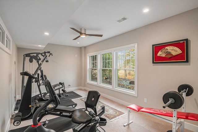 workout area with baseboards, visible vents, ceiling fan, and recessed lighting