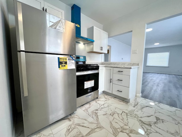 kitchen with marble finish floor, stainless steel appliances, light stone counters, and white cabinets