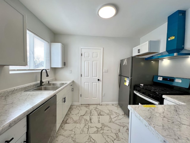 kitchen featuring a sink, white cabinets, marble finish floor, appliances with stainless steel finishes, and range hood