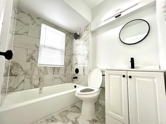 full bath featuring toilet, marble finish floor, vanity, and shower / bathing tub combination