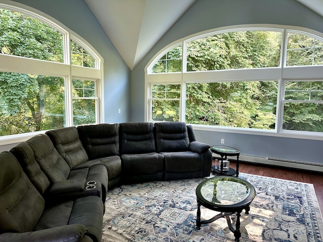 living area with vaulted ceiling and wood finished floors