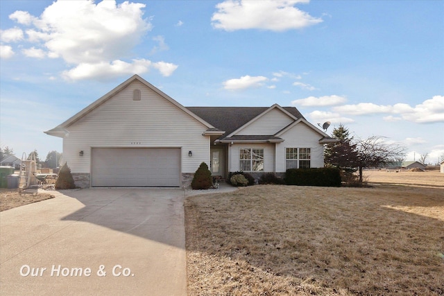 single story home featuring a garage, concrete driveway, stone siding, and a front yard