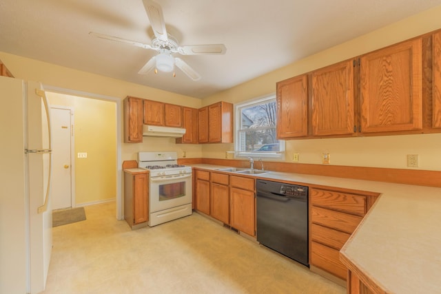 kitchen with ceiling fan, under cabinet range hood, white appliances, a sink, and light countertops