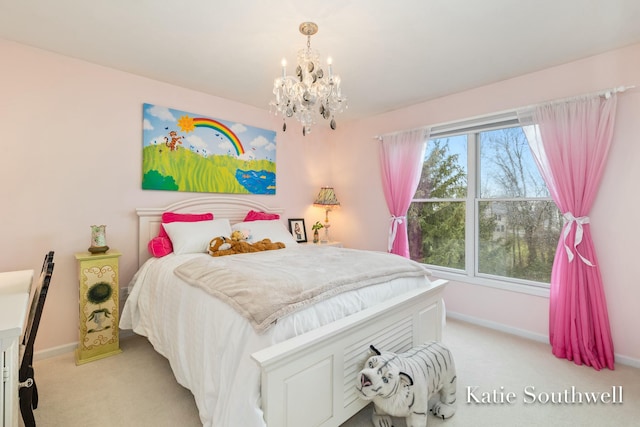 bedroom with baseboards, an inviting chandelier, and light colored carpet