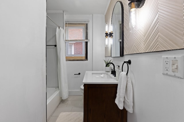 bathroom featuring baseboards, toilet, tile patterned flooring, shower / bath combination with curtain, and vanity