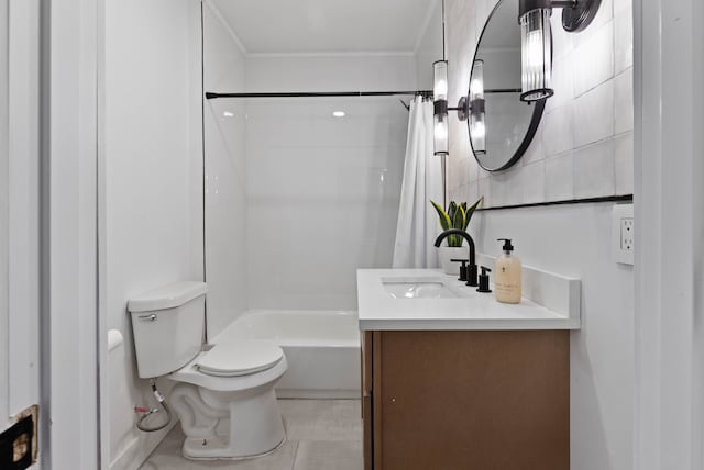 full bath featuring toilet, shower / bathtub combination with curtain, ornamental molding, and vanity