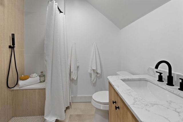 full bath with lofted ceiling, a shower with shower curtain, toilet, and tile patterned floors