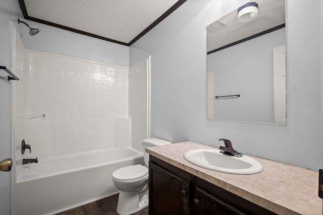 bathroom featuring a textured ceiling, toilet, visible vents, vanity, and ornamental molding