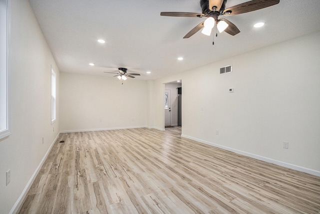 unfurnished living room with visible vents, baseboards, light wood-type flooring, recessed lighting, and a ceiling fan