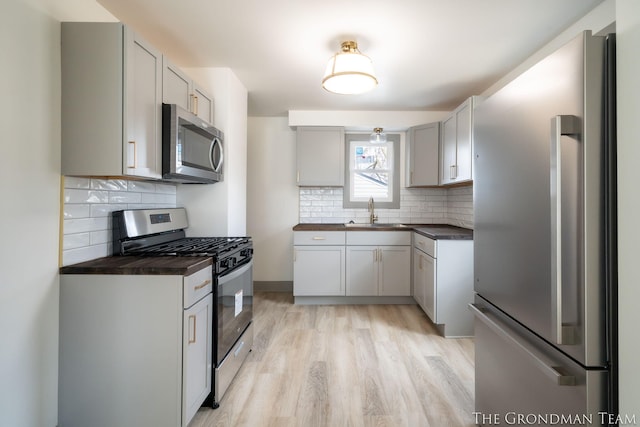 kitchen featuring light wood-type flooring, appliances with stainless steel finishes, decorative backsplash, and a sink