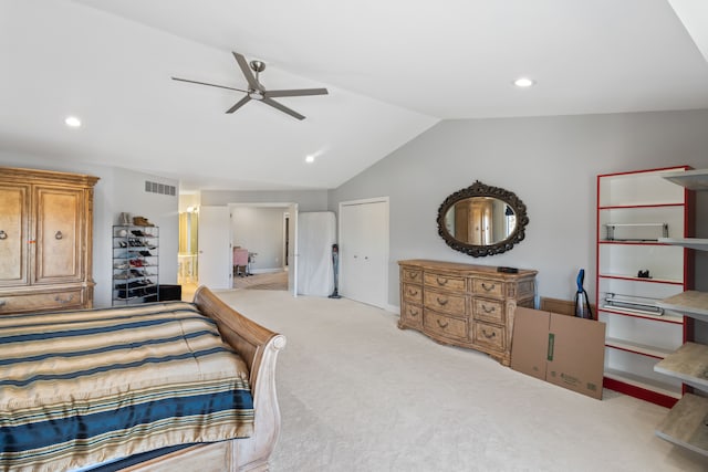 bedroom with carpet, visible vents, recessed lighting, ceiling fan, and vaulted ceiling