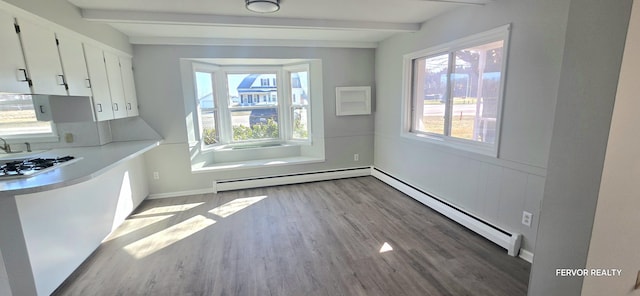 unfurnished dining area featuring baseboard heating, plenty of natural light, and beam ceiling