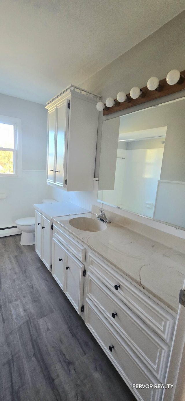 bathroom with toilet, wood finished floors, and vanity