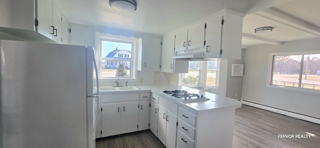 kitchen with white appliances, plenty of natural light, a peninsula, under cabinet range hood, and a sink