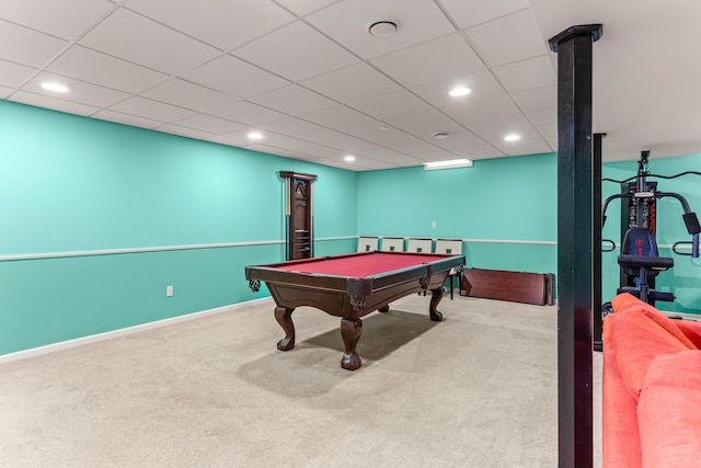 recreation room with baseboards, carpet flooring, recessed lighting, a paneled ceiling, and billiards