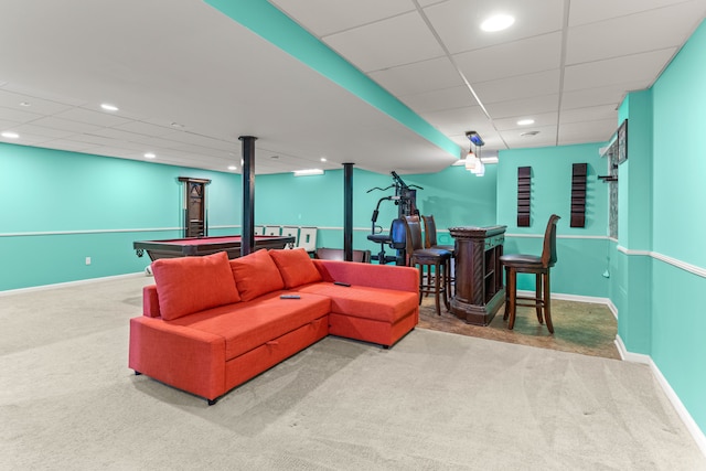 living area featuring recessed lighting, baseboards, carpet floors, and a paneled ceiling