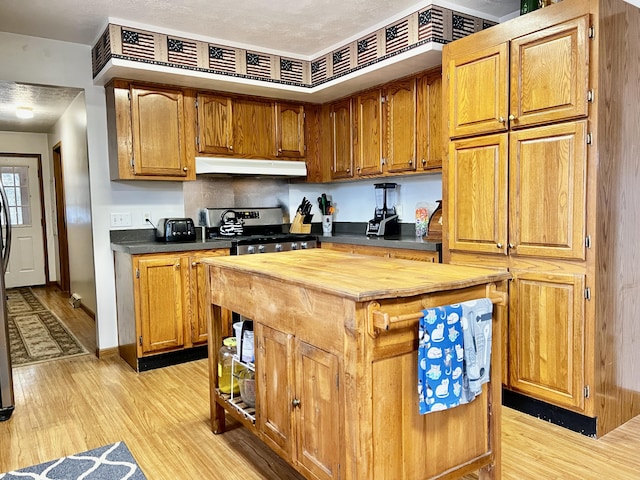 kitchen with under cabinet range hood, light wood-type flooring, butcher block countertops, and stainless steel range with gas stovetop