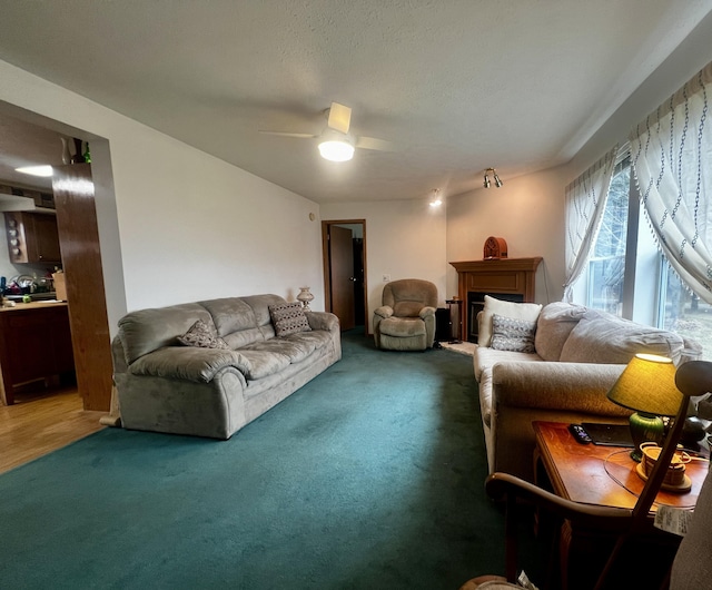 living room featuring carpet and ceiling fan