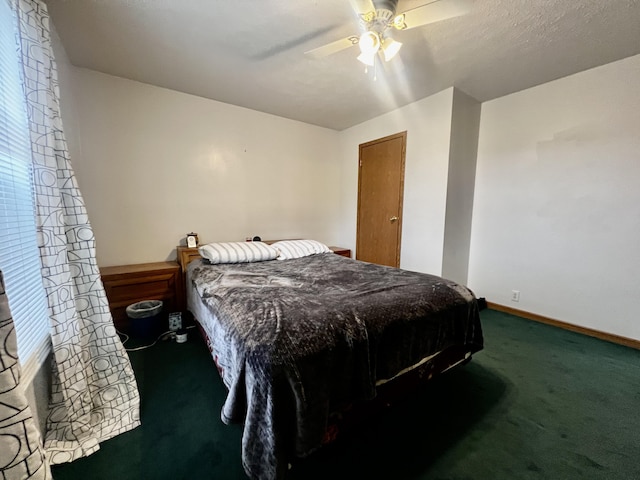 bedroom with baseboards, carpet, and ceiling fan