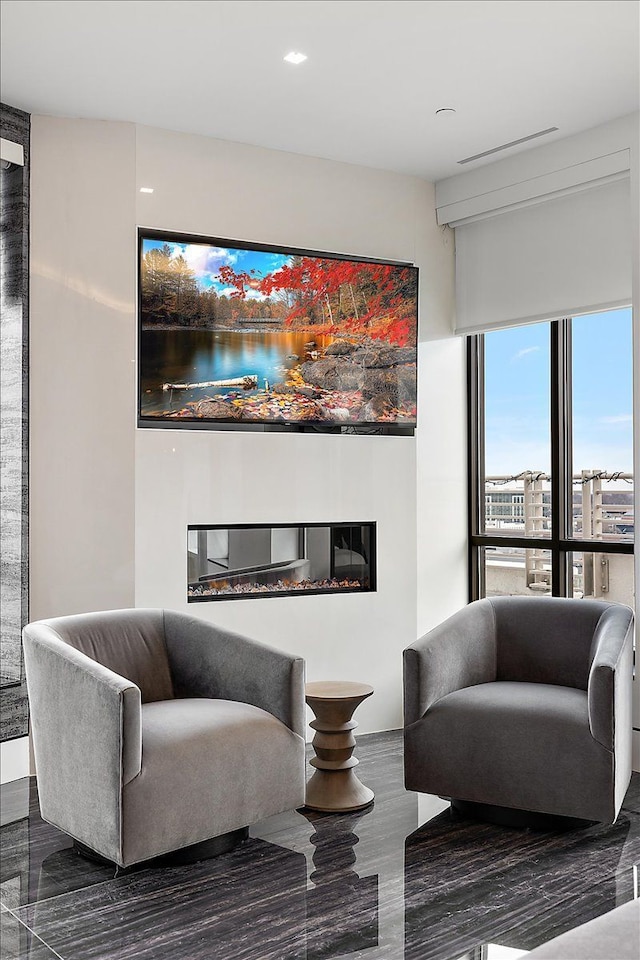 living area with a glass covered fireplace