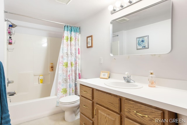 full bath with shower / bathtub combination with curtain, vanity, and toilet