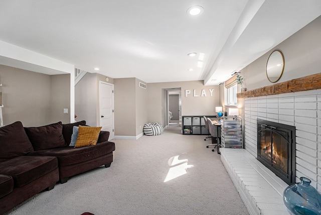 living room with carpet flooring, a fireplace, recessed lighting, and baseboards