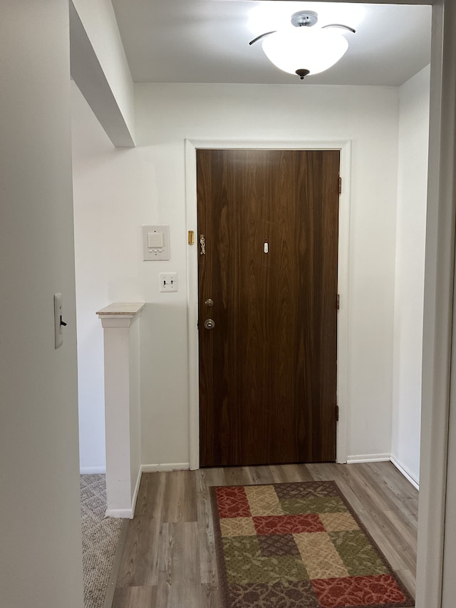 entryway with baseboards and wood finished floors