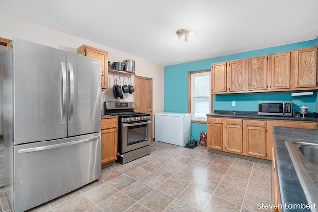 kitchen with appliances with stainless steel finishes, dark countertops, and a sink