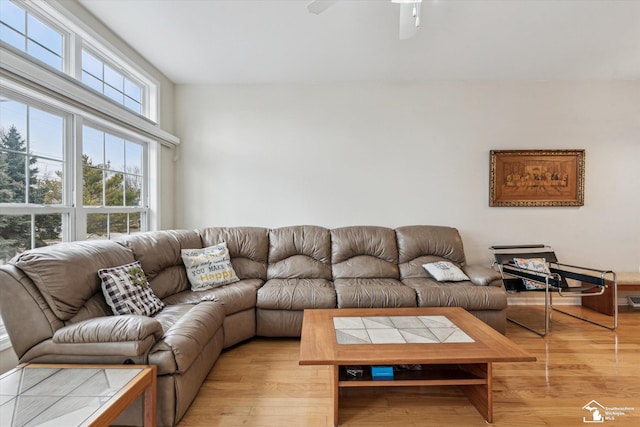 living area with light wood finished floors and a ceiling fan