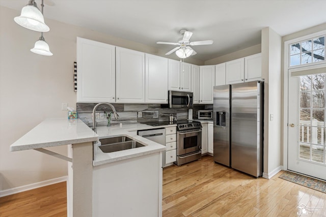 kitchen with stainless steel appliances, tasteful backsplash, white cabinets, a sink, and a peninsula