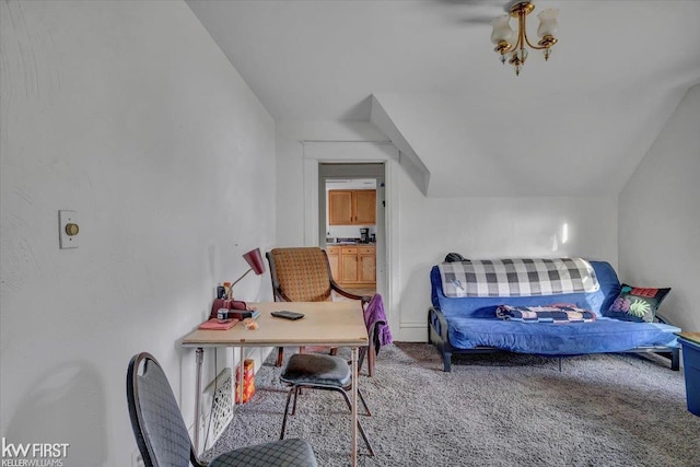 bedroom with carpet and lofted ceiling