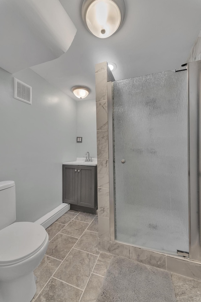 bathroom featuring visible vents, a stall shower, toilet, and vanity