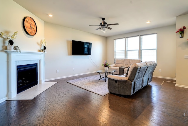 living area featuring baseboards, hardwood / wood-style floors, and a fireplace