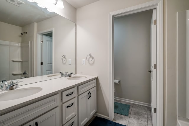 bathroom featuring a sink, visible vents, walk in shower, and tile patterned flooring