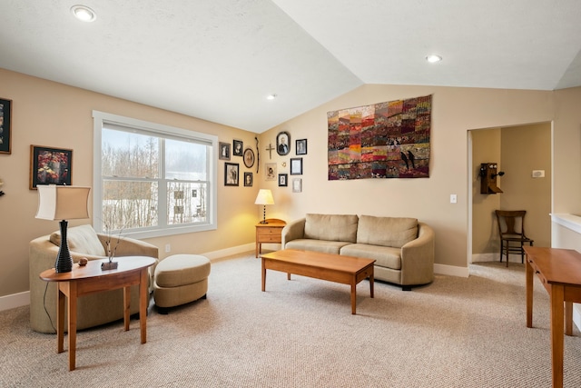 living room with vaulted ceiling, recessed lighting, baseboards, and light colored carpet