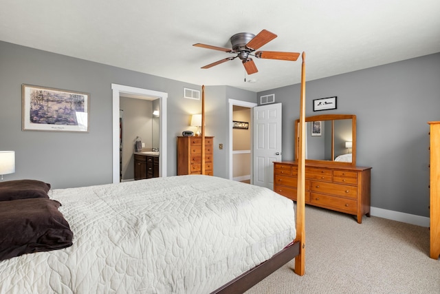 bedroom with light carpet, a ceiling fan, visible vents, and baseboards