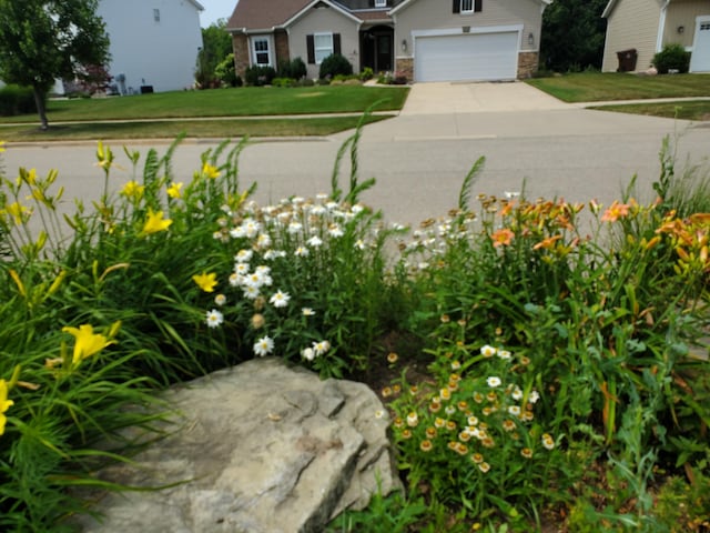 view of yard featuring a garage and concrete driveway