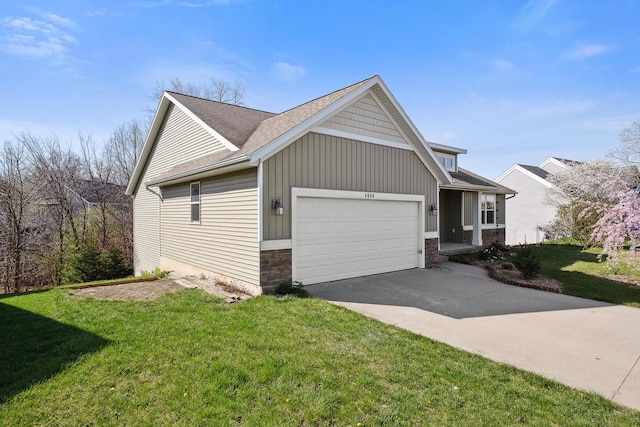 view of property exterior with a yard, a garage, a shingled roof, and aphalt driveway