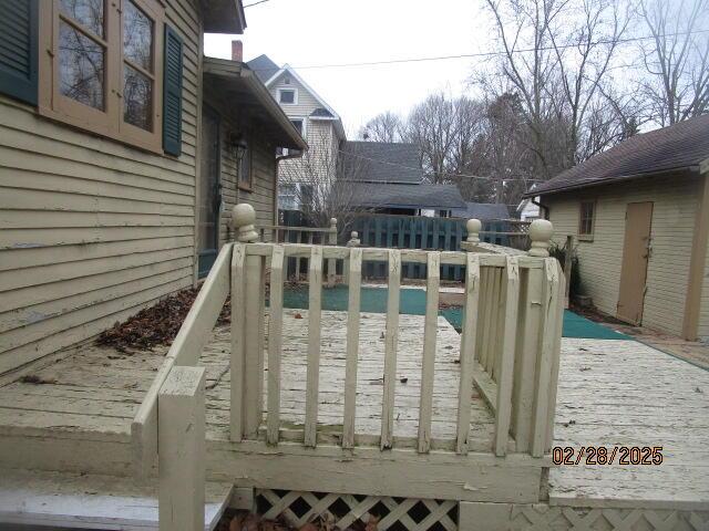 wooden deck featuring fence and a fenced in pool