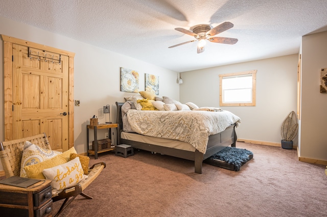 carpeted bedroom with baseboards, a textured ceiling, and a ceiling fan