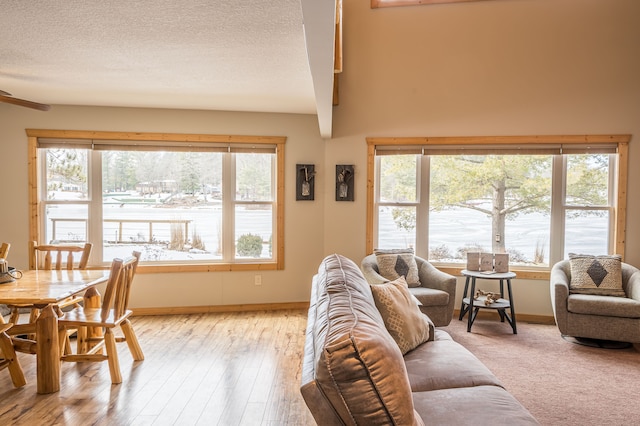 living area featuring light wood-style flooring, a textured ceiling, and baseboards