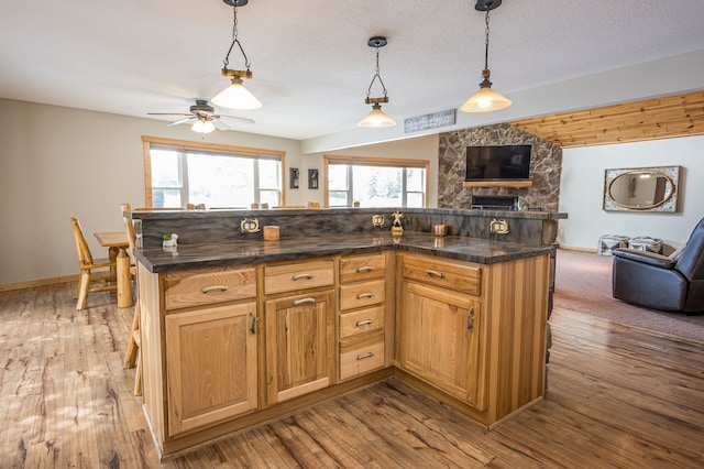 kitchen featuring open floor plan, ceiling fan, and hardwood / wood-style flooring