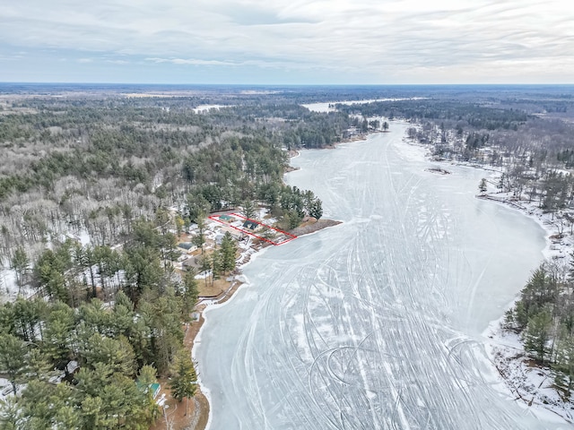 aerial view featuring a wooded view