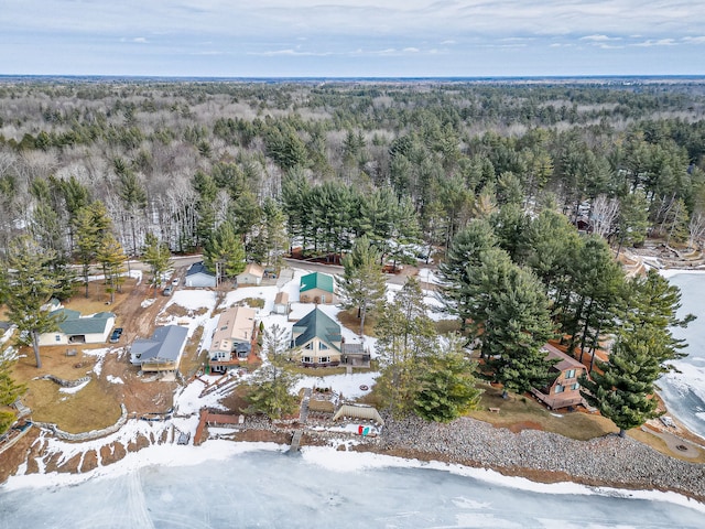 snowy aerial view with a forest view