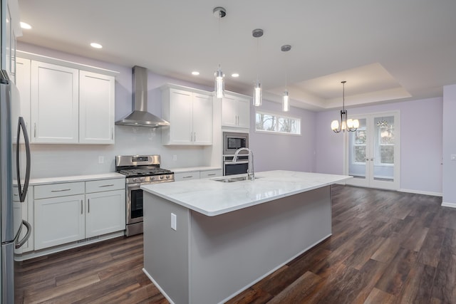 kitchen with a raised ceiling, dark wood-type flooring, stainless steel appliances, wall chimney range hood, and a sink