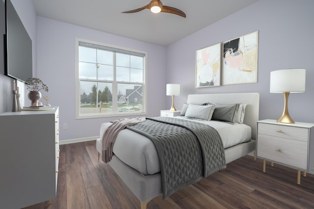 bedroom with dark wood-style floors, baseboards, and a ceiling fan