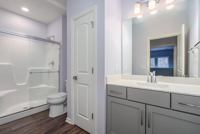 full bathroom featuring vanity, wood finished floors, a shower stall, and toilet